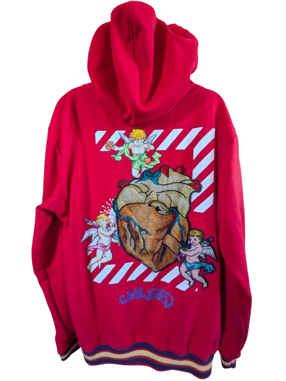 Civilized Red Rhinestone Heart & Cherub Full-Zip Hoodie (Large)